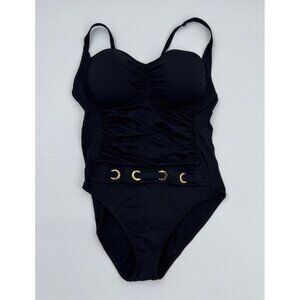 Bleu Rod Beattie Womens Black Ruched One-Piece Swimsuit With Gold Hardware Belt